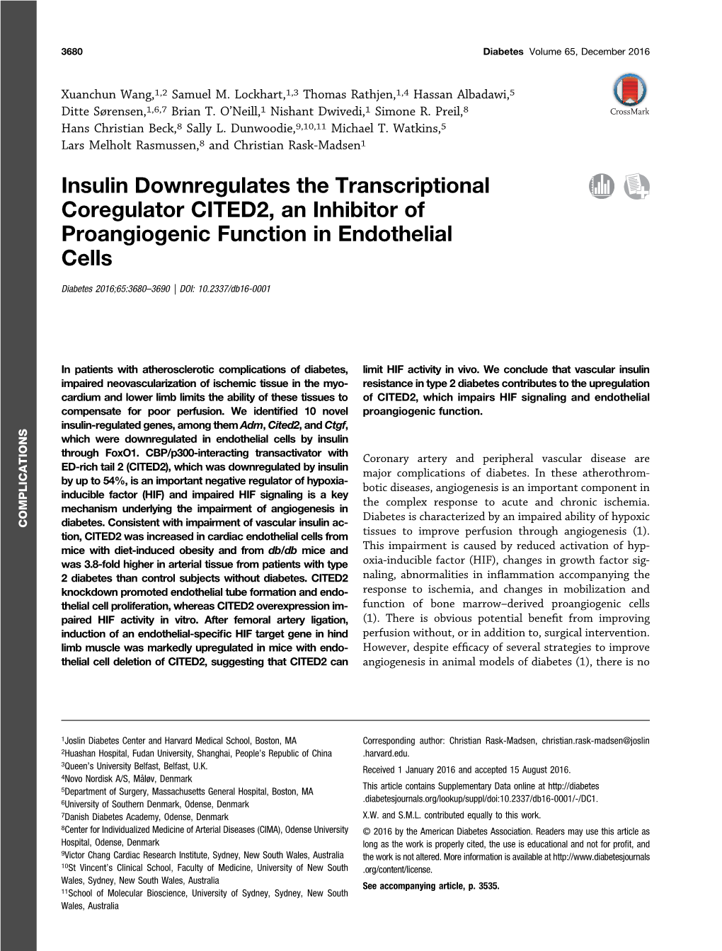 Insulin Downregulates the Transcriptional Coregulator CITED2, an Inhibitor of Proangiogenic Function in Endothelial Cells