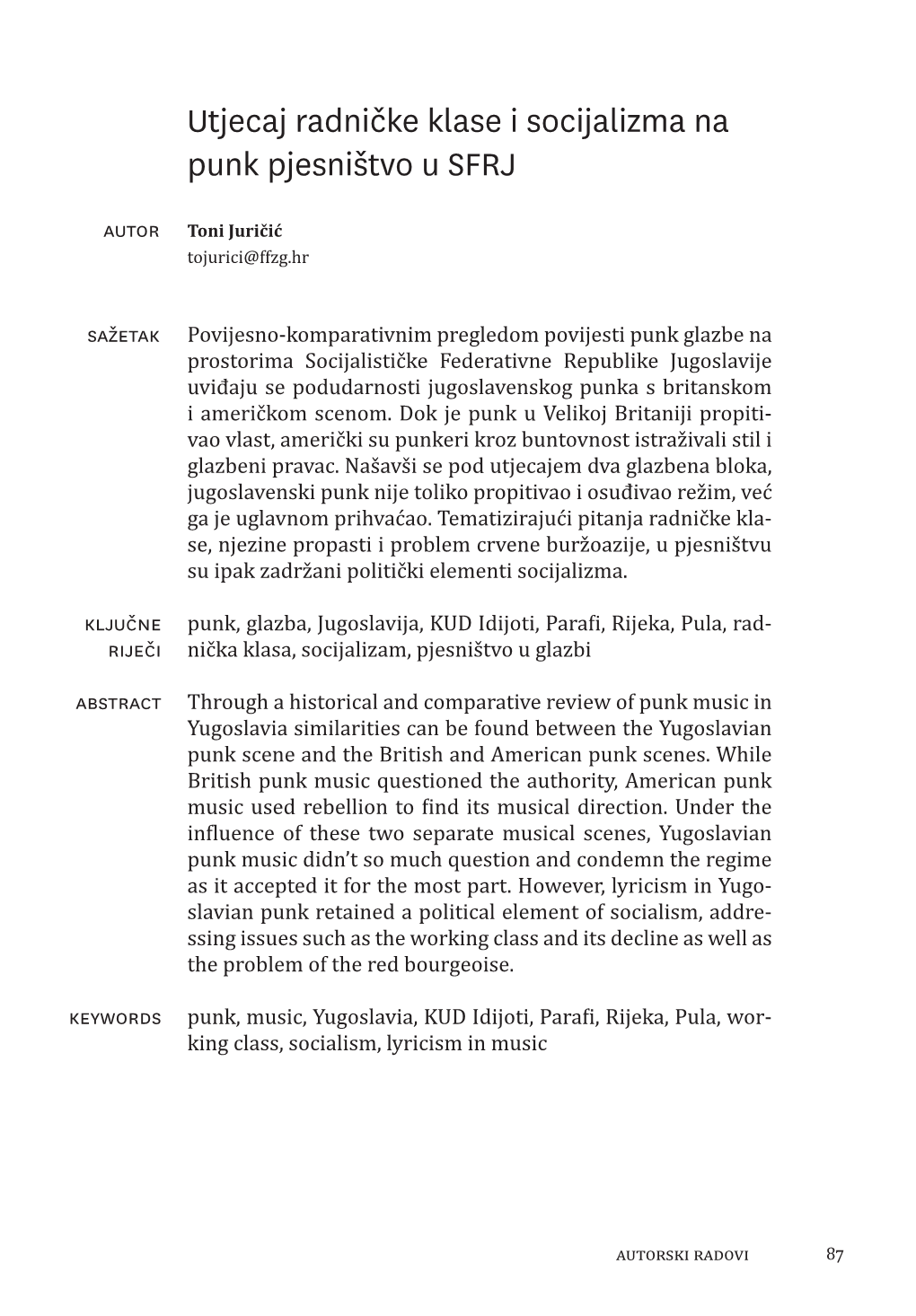 Utjecaj Radničke Klase I Socijalizma Na Punk Pjesništvo U SFRJ
