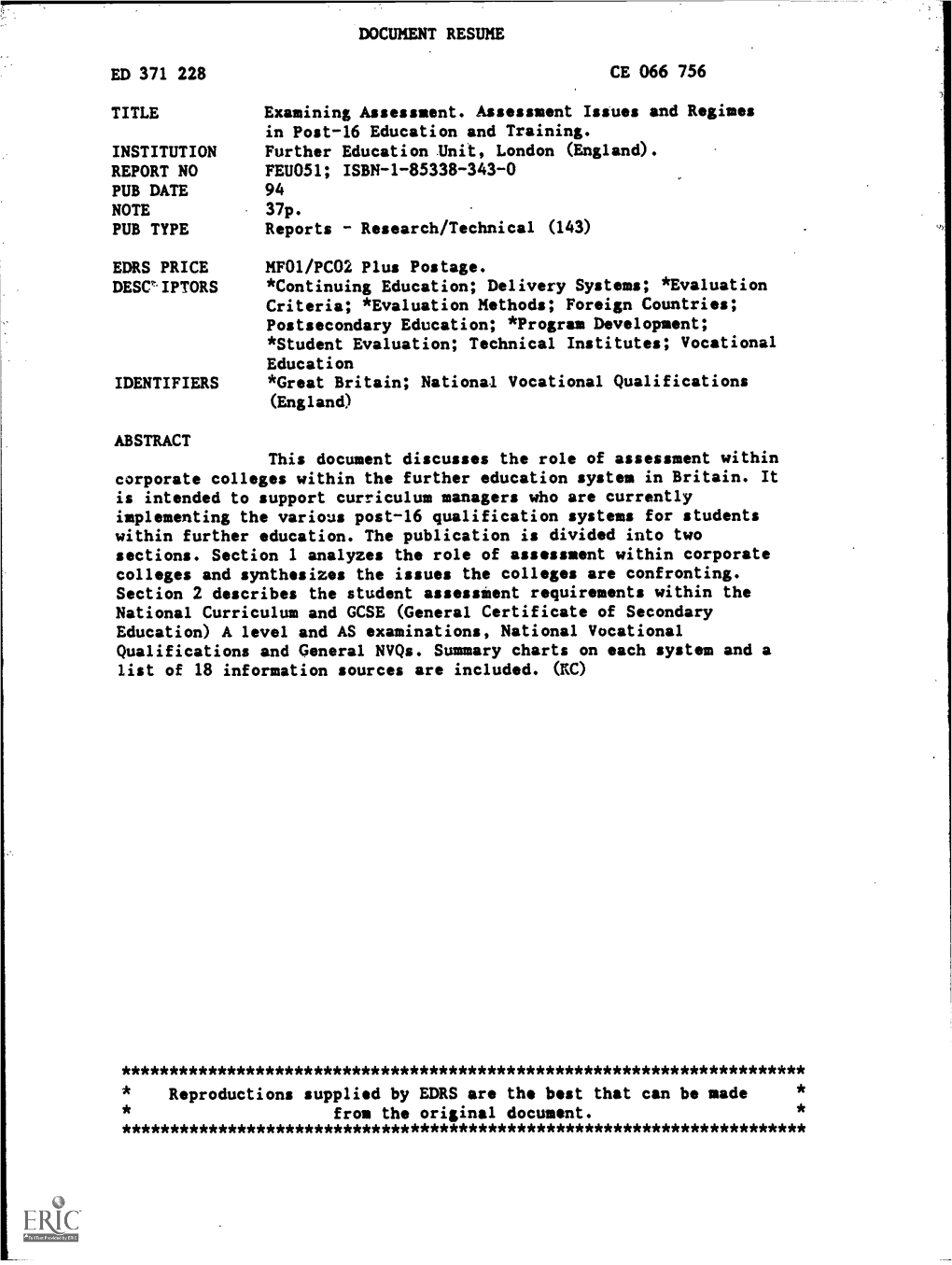 DOCUMENT RESUME ED 371 228 CE 066 756 TITLE Examining