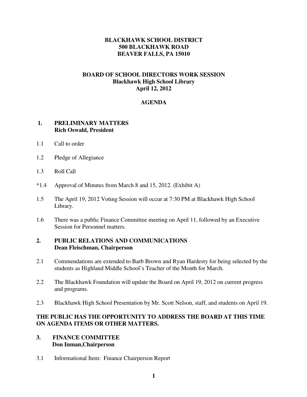 1 Blackhawk School District 500 Blackhawk Road Beaver