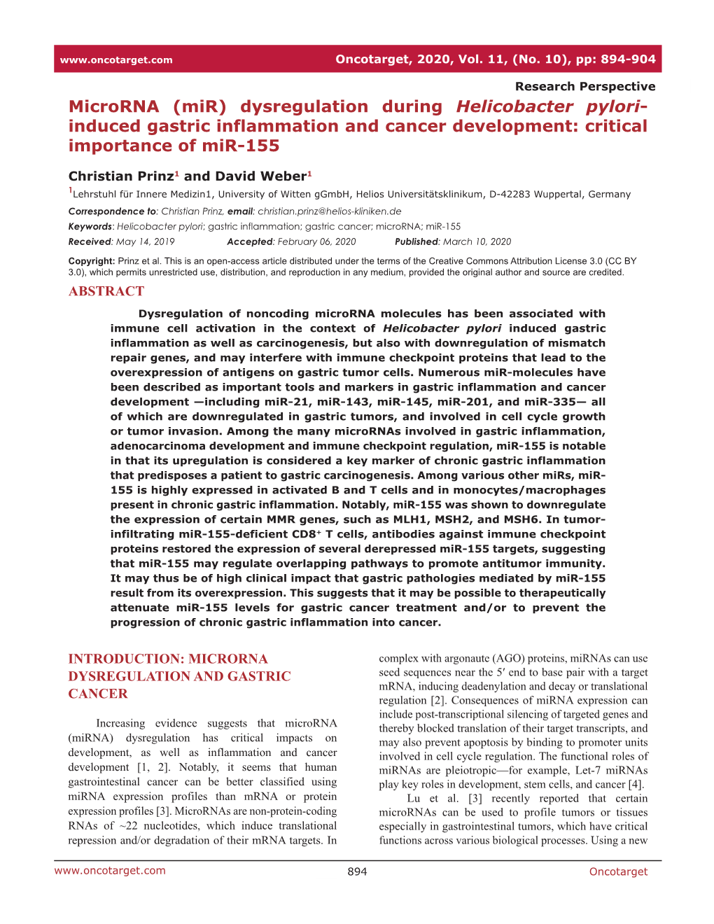 Microrna (Mir) Dysregulation During Helicobacter Pylori- Induced Gastric Inflammation and Cancer Development: Critical Importance of Mir-155