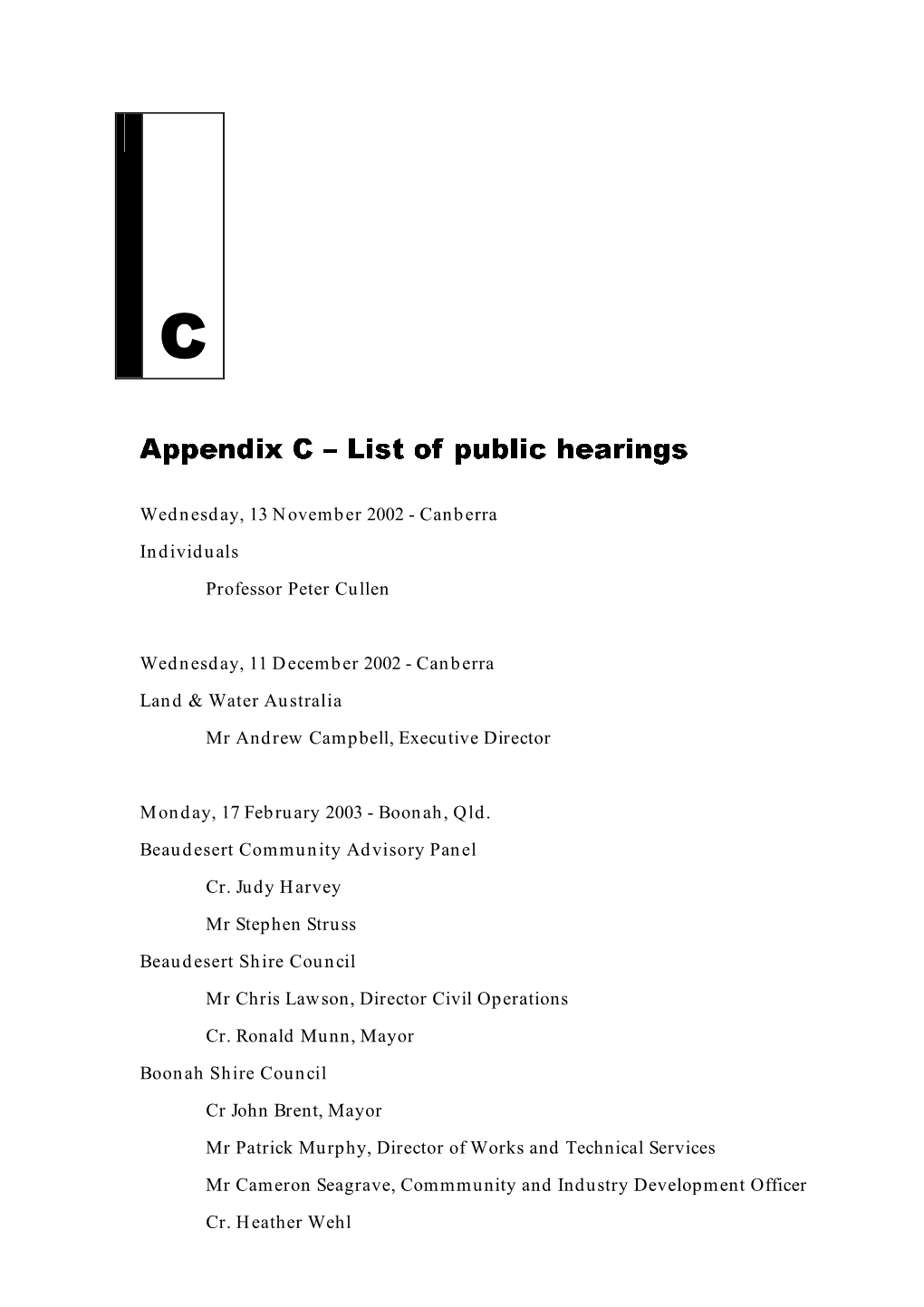 Appendix C – List of Public Hearings