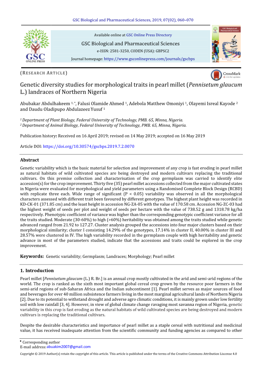 Genetic Diversity Studies for Morphological Traits in Pearl Millet (Pennisetum Glaucum L.) Landraces of Northern Nigeria