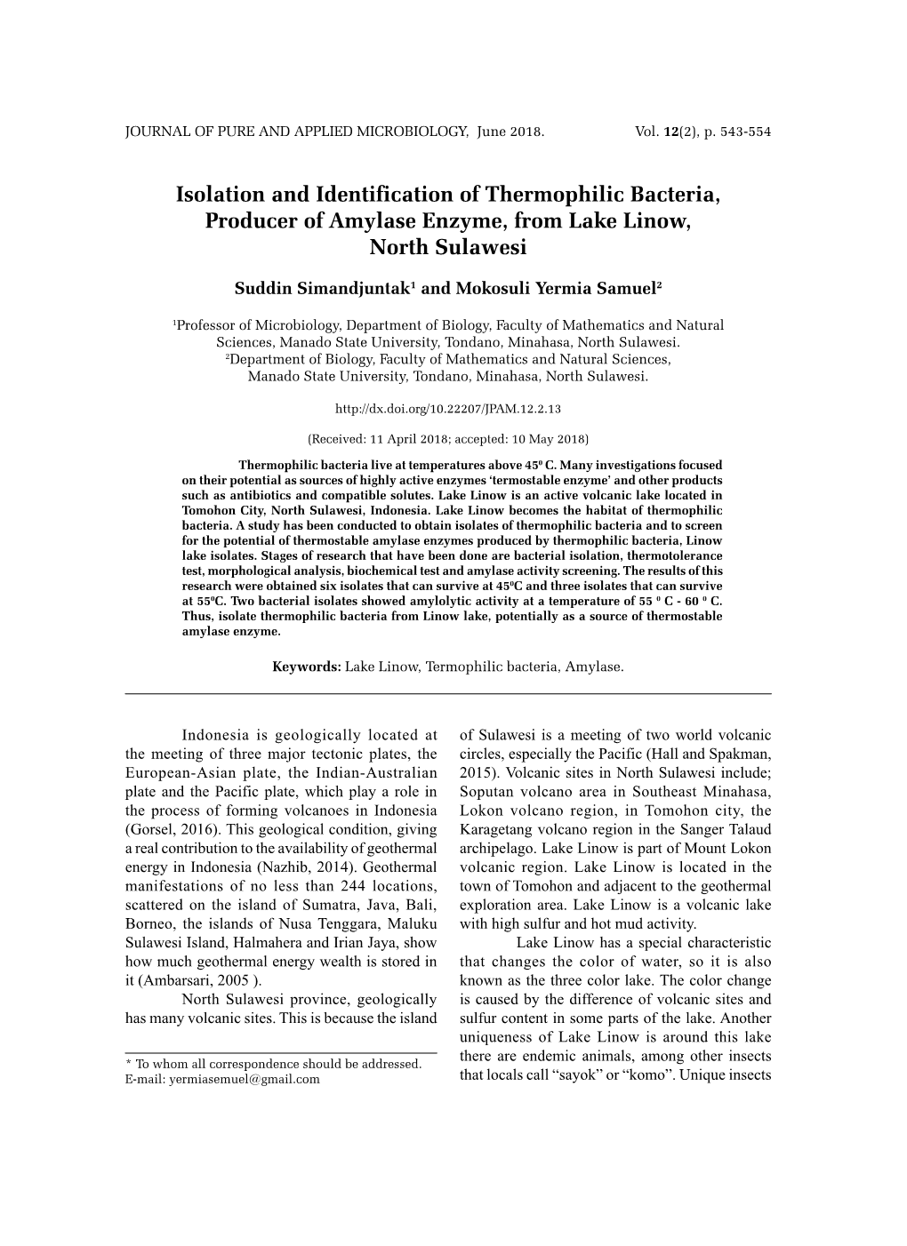 Isolation and Identification of Thermophilic Bacteria, Producer of Amylase Enzyme, from Lake Linow, North Sulawesi