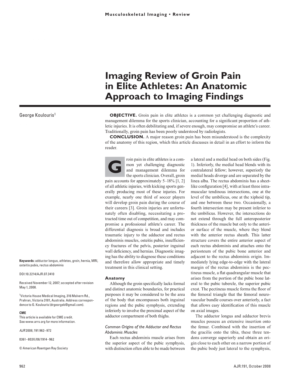 Imaging Review of Groin Pain in Elite Athletes: an Anatomic Approach to Imaging Findings