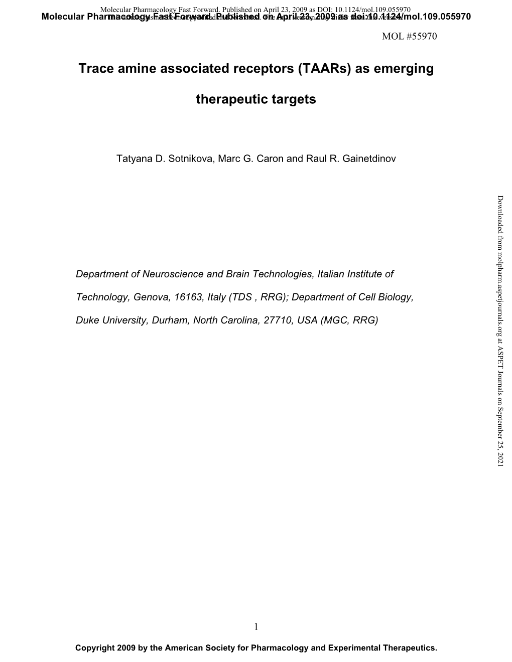 Trace Amine Associated Receptors (Taars) As Emerging