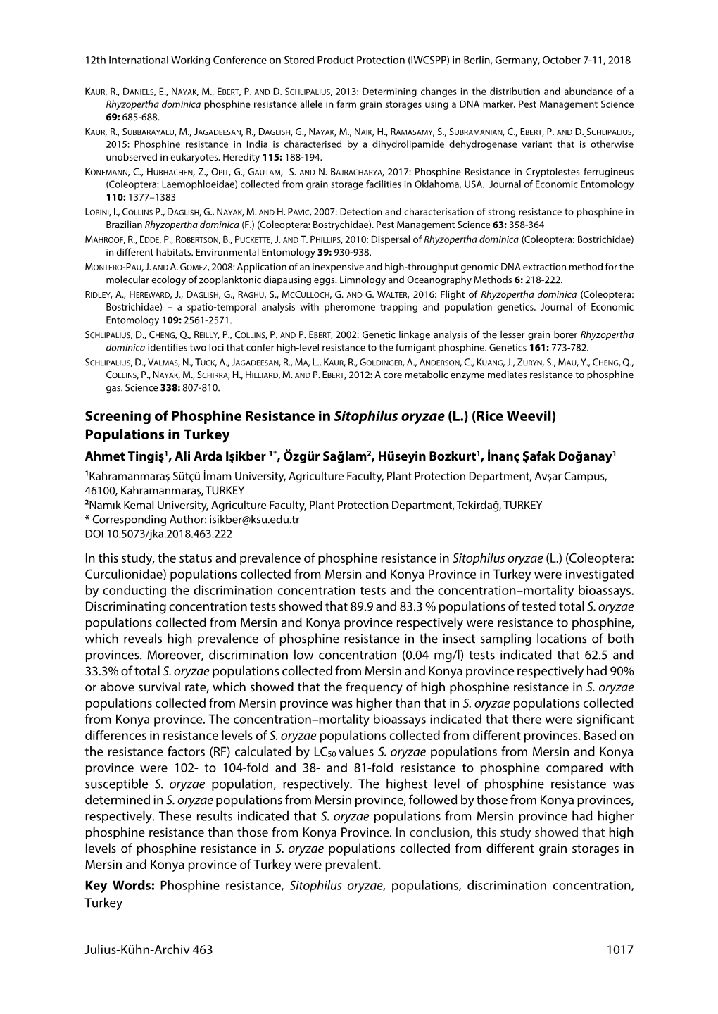 Screening of Phosphine Resistance in Sitophilus Oryzae (L.) (Rice Weevil)