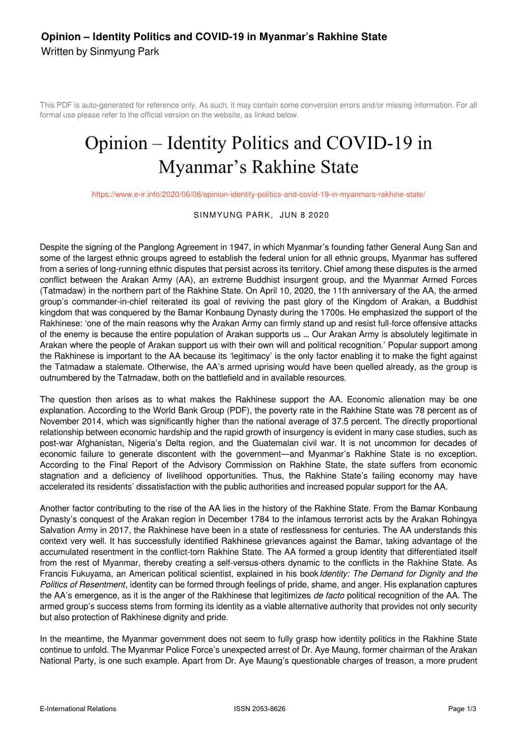 Identity Politics and COVID-19 in Myanmar's Rakhine State