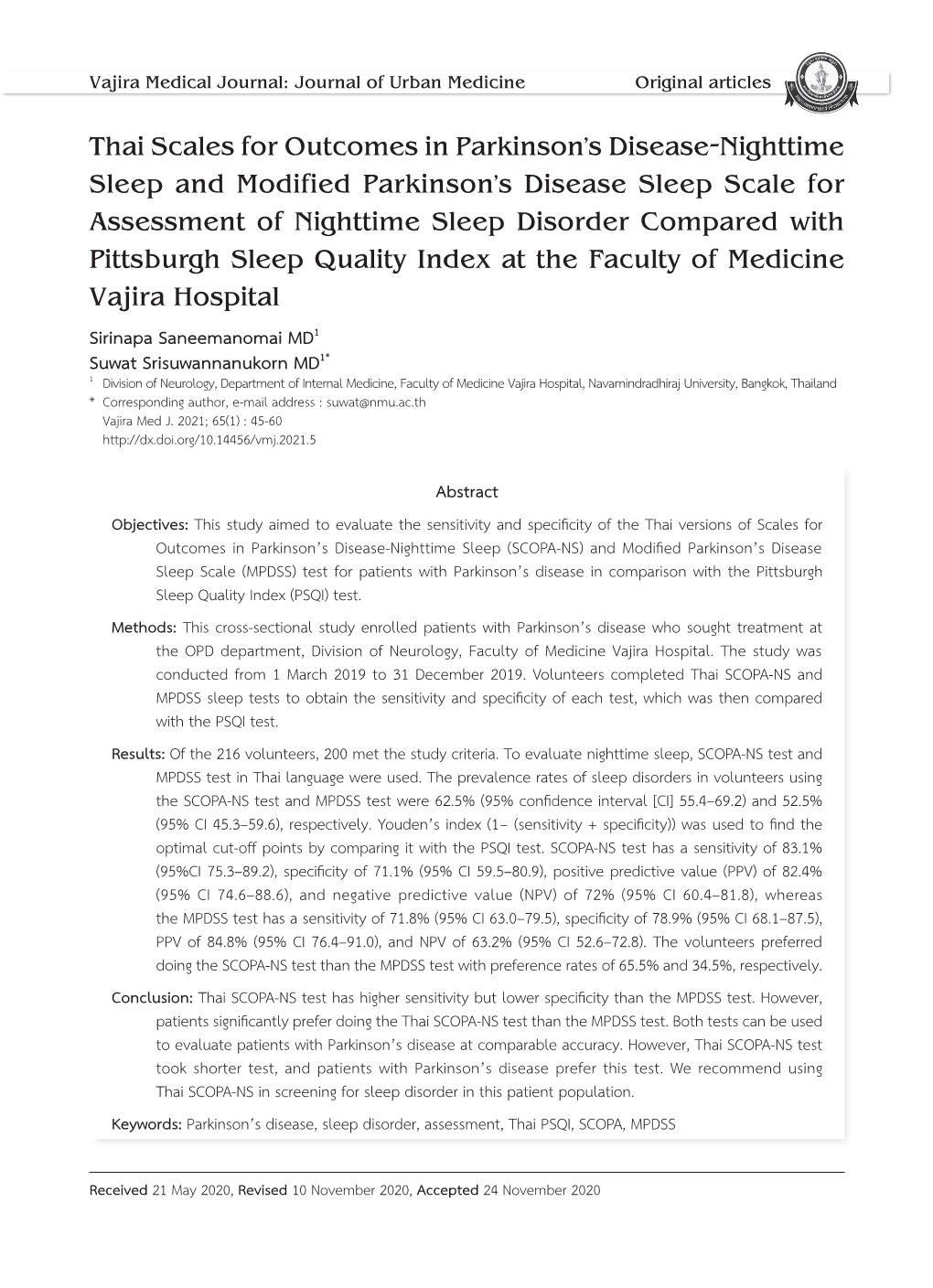 Thai Scales for Outcomes in Parkinson's Disease-Nighttime