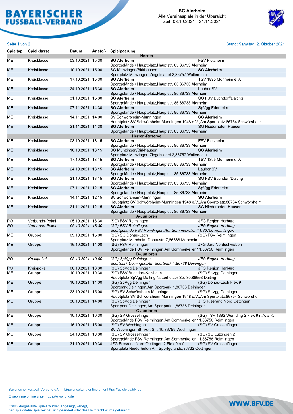 SG Alerheim Alle Vereinsspiele in Der Übersicht Zeit: 03.10.2021 - 21.11.2021