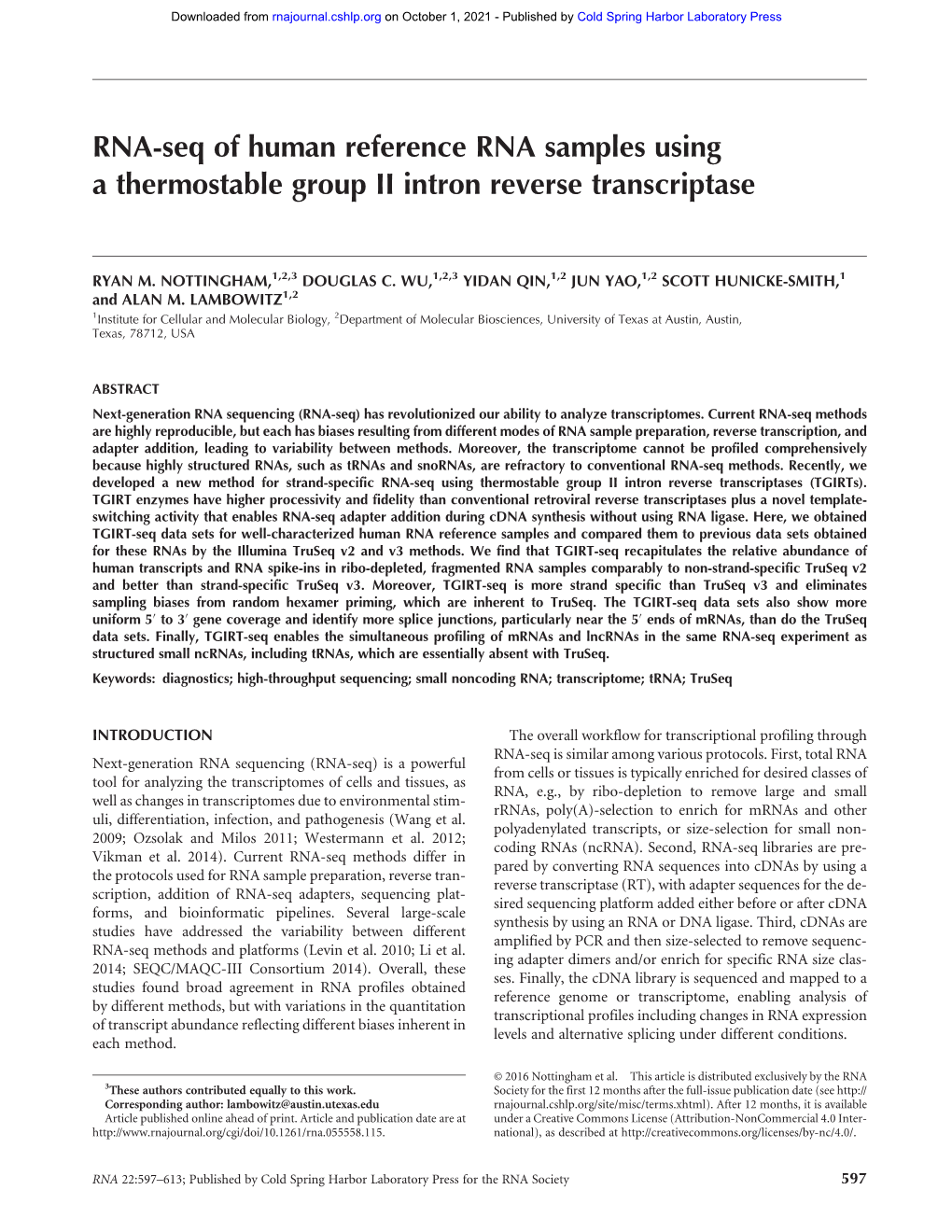 RNA-Seq of Human Reference RNA Samples Using a Thermostable Group II Intron Reverse Transcriptase