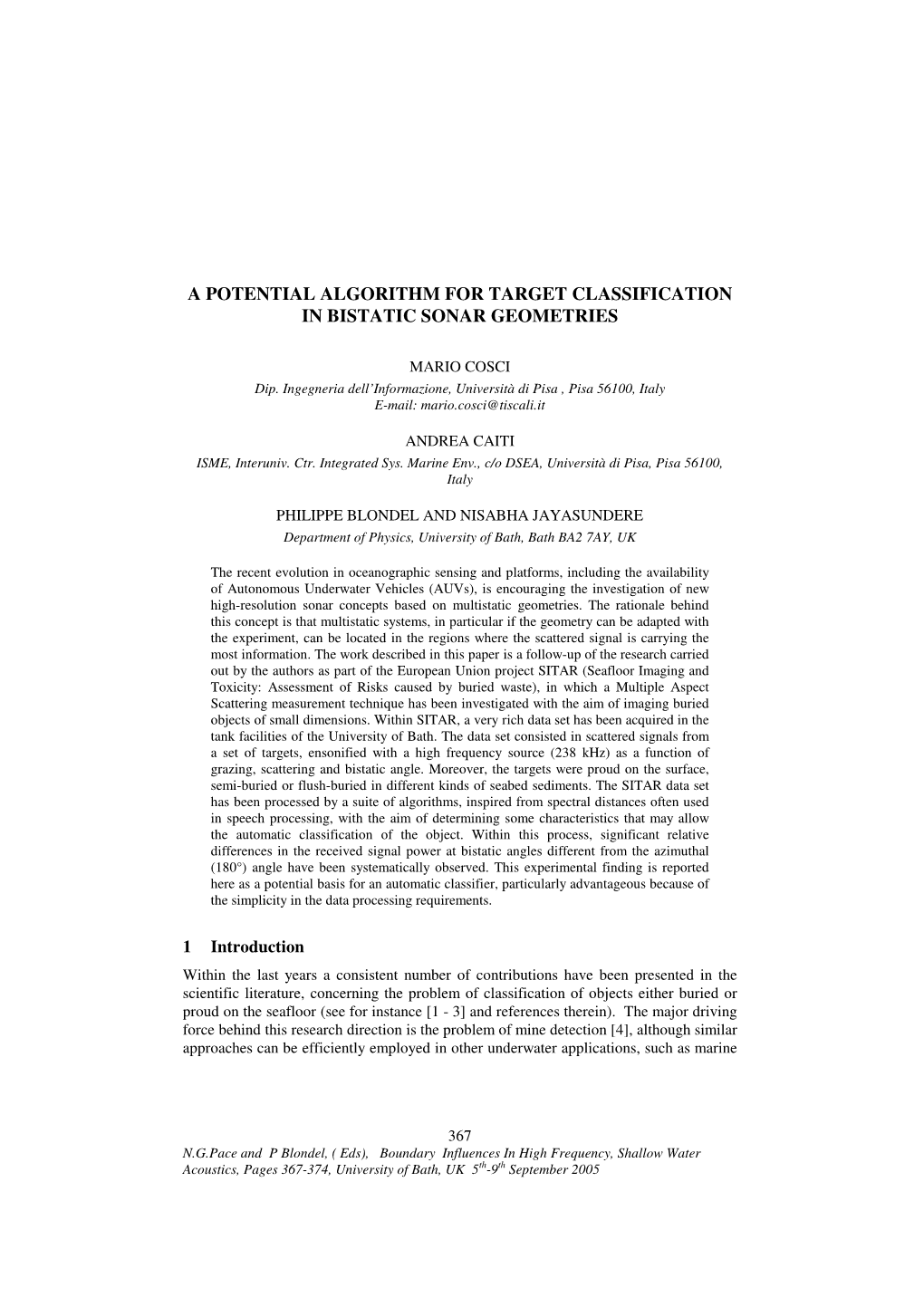 A Potential Algorithm for Target Classification in Bistatic Sonar Geometries