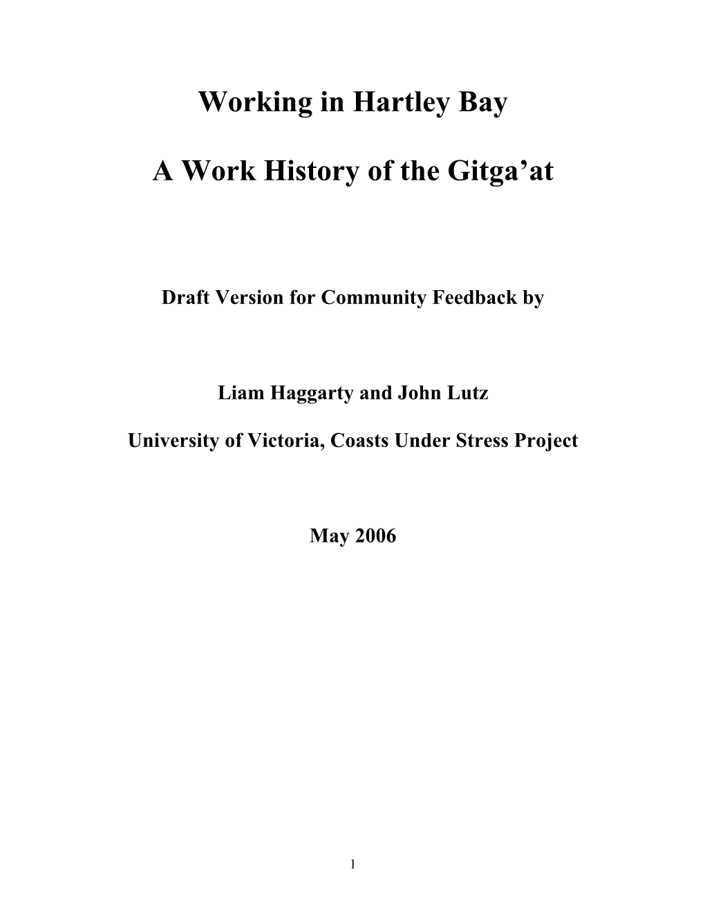 Working in Hartley Bay a Work History of the Gitga'at