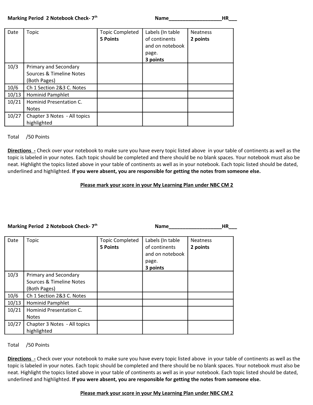 Marking Period 1 Notebook Check