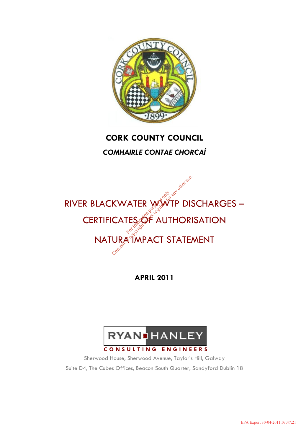 River Blackwater Wwtp Discharges – Certificates of Authorisation Natura Impact Statement