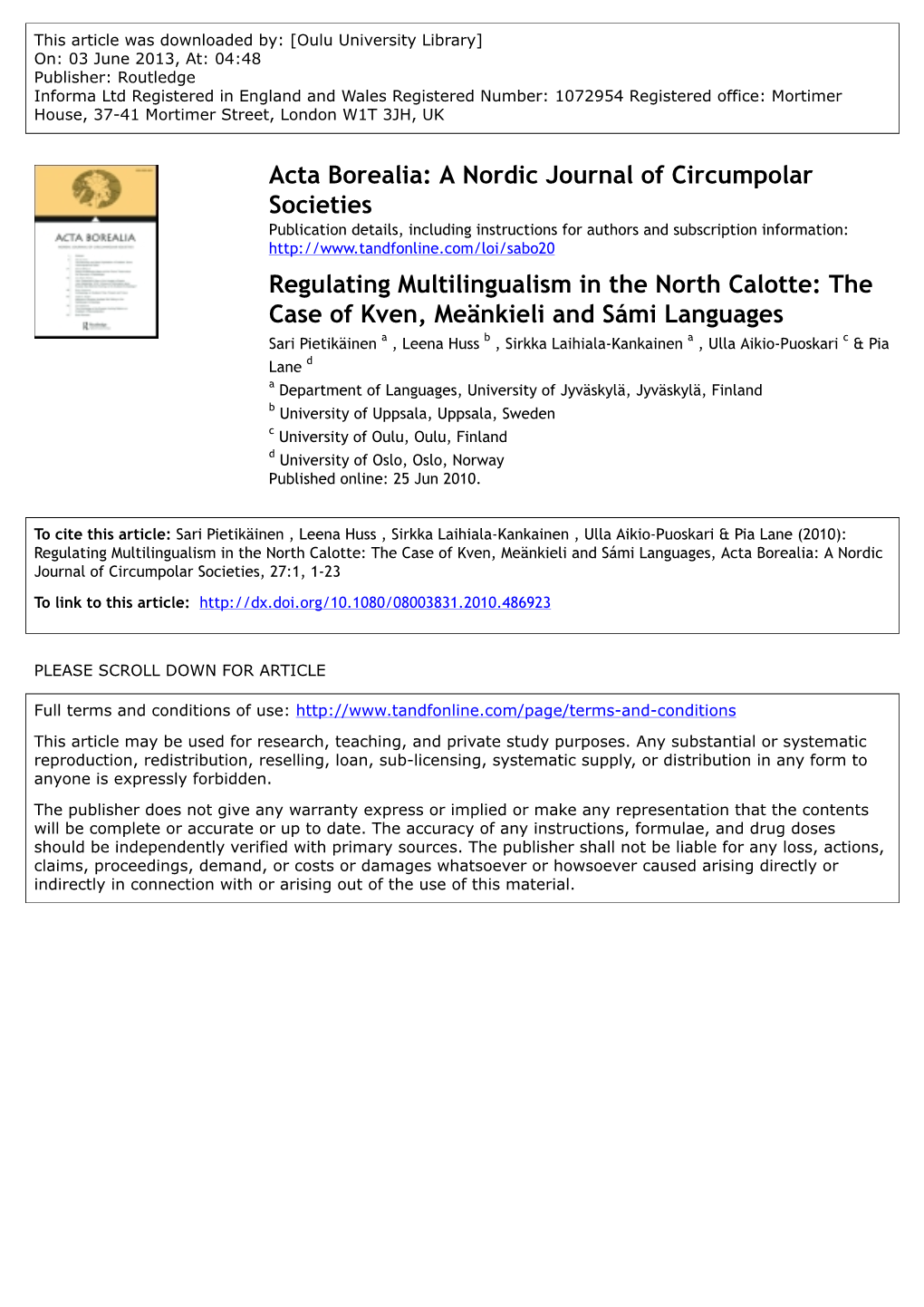 Regulating Multilingualism in the North Calotte: the Case of Kven