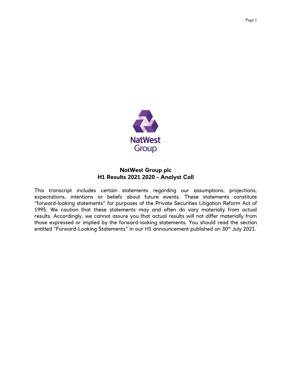 Natwest Group Plc H1 Results 2021 2020 - Analyst Call