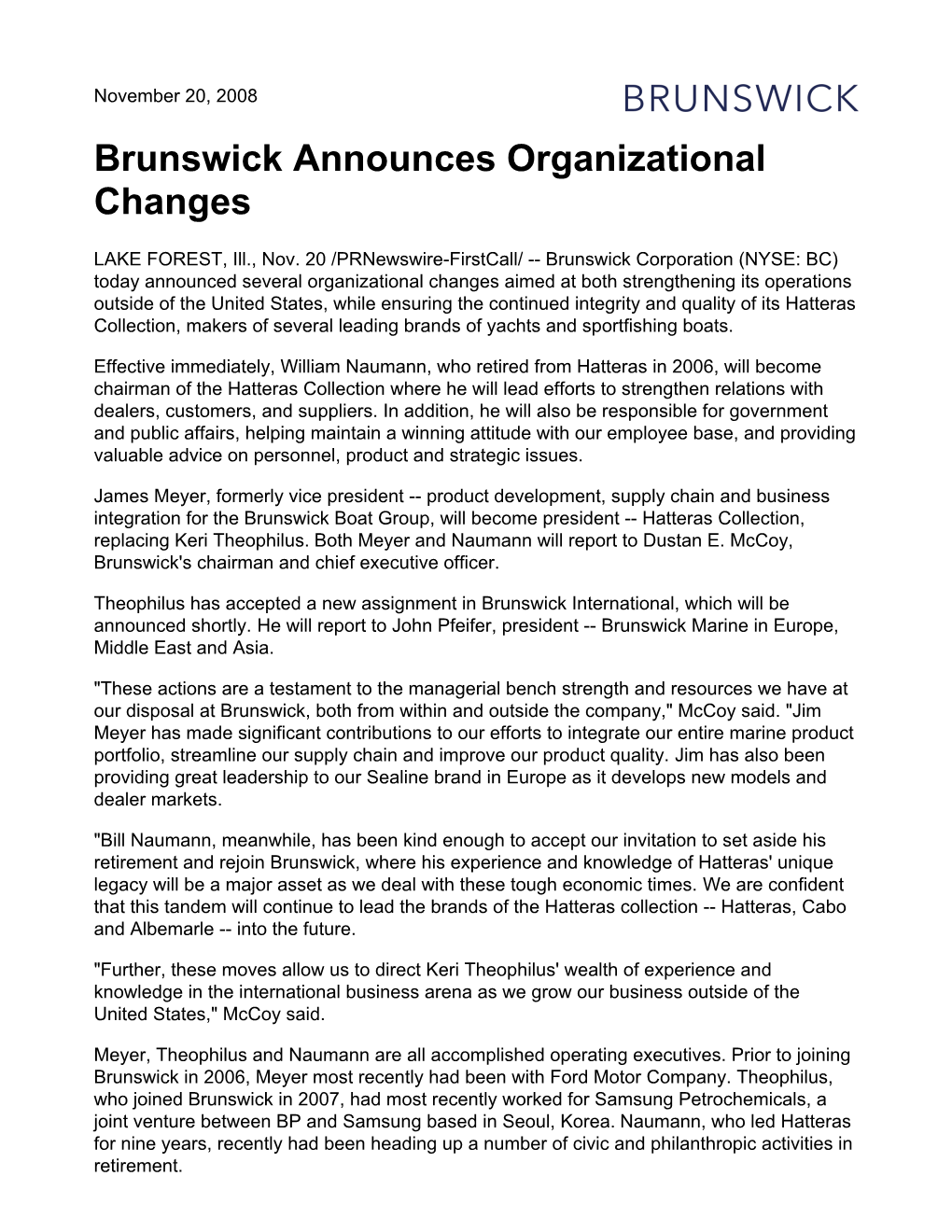 Brunswick Announces Organizational Changes