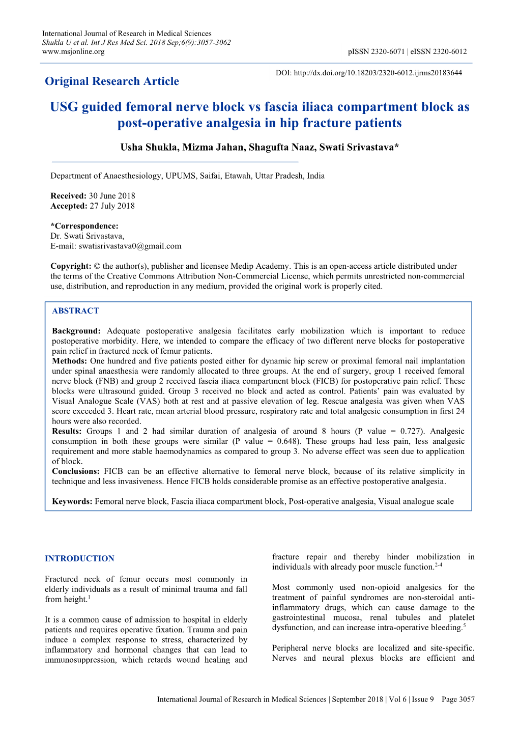 USG Guided Femoral Nerve Block Vs Fascia Iliaca Compartment Block As Post-Operative Analgesia in Hip Fracture Patients