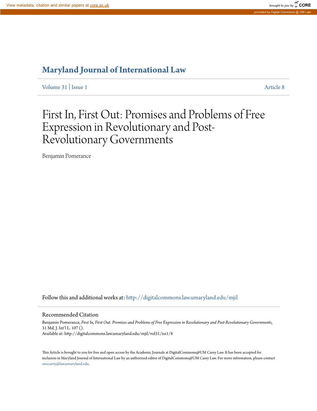 Promises and Problems of Free Expression in Revolutionary and Post- Revolutionary Governments Benjamin Pomerance