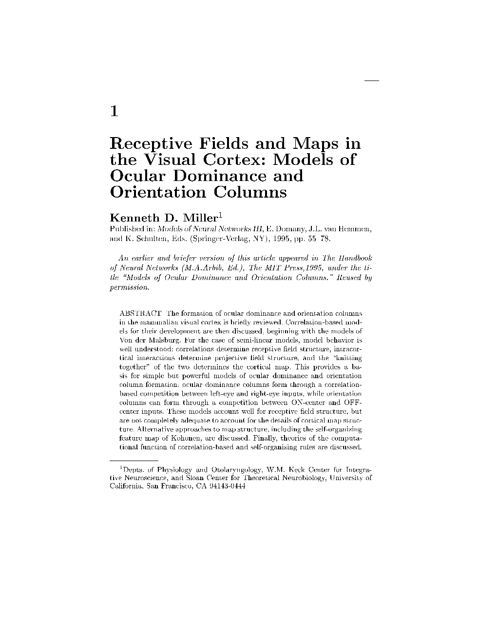 1 Receptive Fields and Maps in the Visual Cortex: Models of Ocular