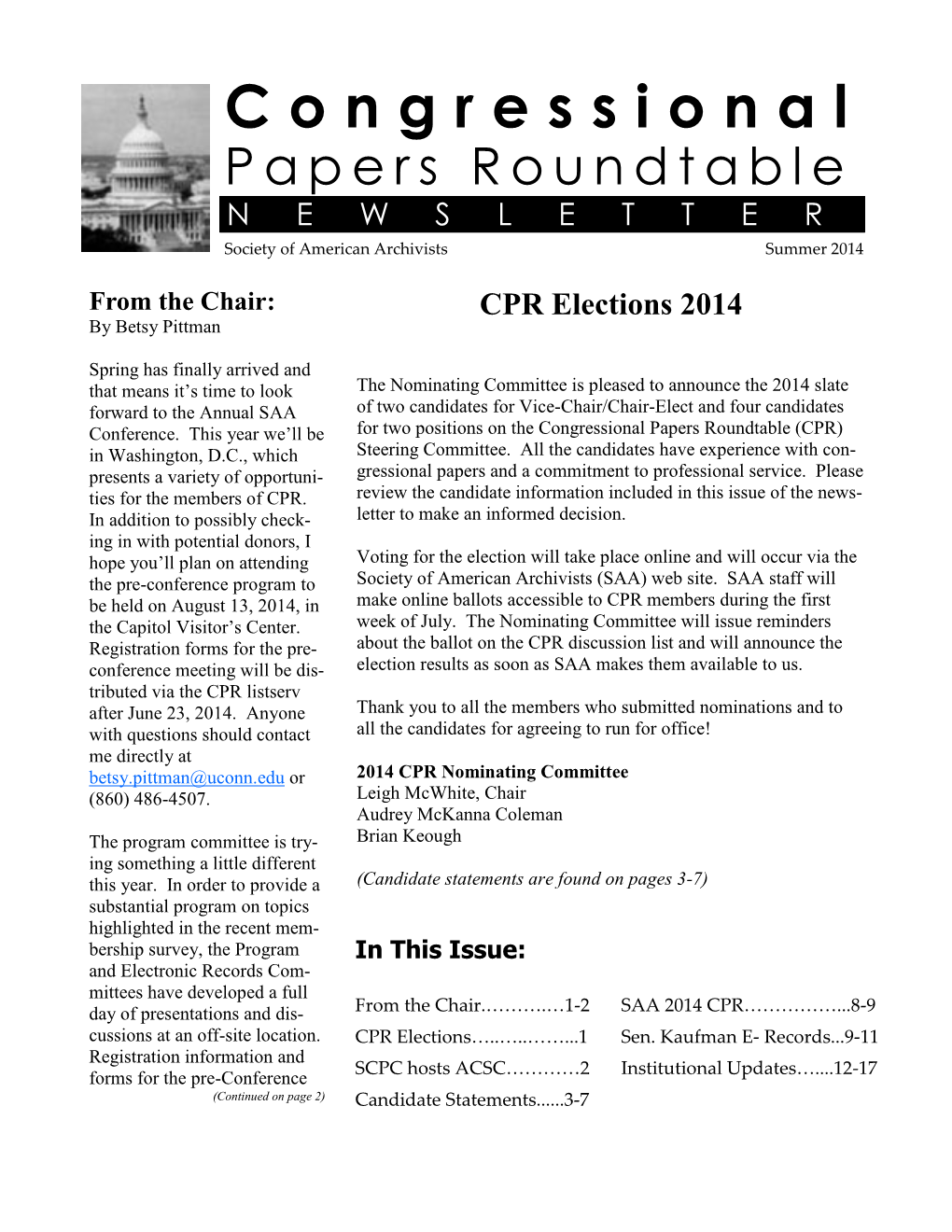 Congressional Papers Roundtable NEWSLETTER Society of American Archivists Summer 2014