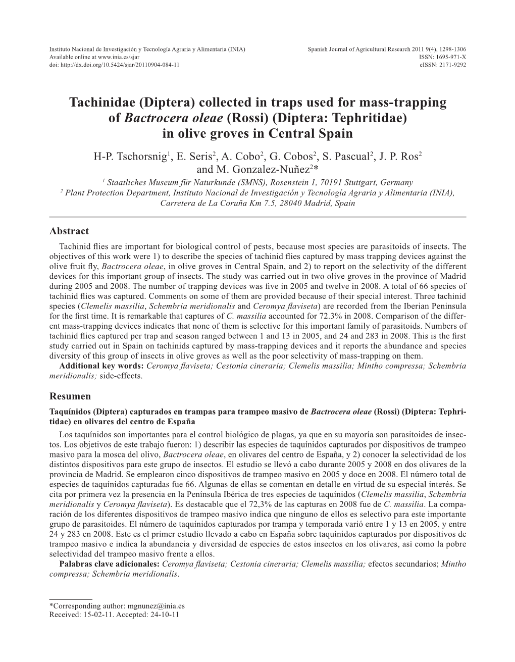 Tachinidae (Diptera) Collected in Traps Used for Mass-Trapping of Bactrocera Oleae (Rossi) (Diptera: Tephritidae) in Olive Groves in Central Spain H-P