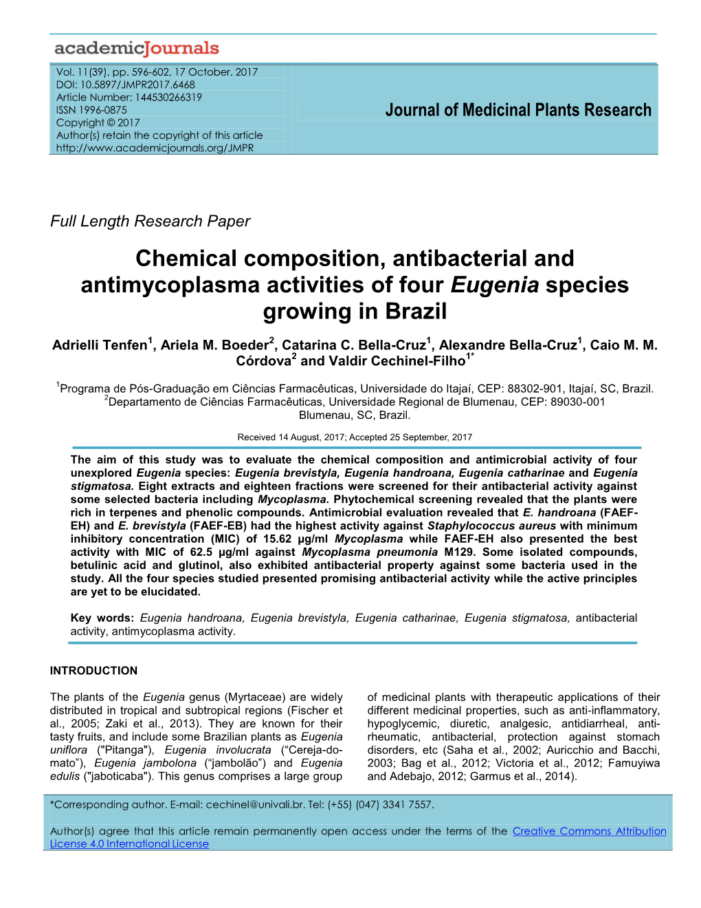 Chemical Composition, Antibacterial and Antimycoplasma Activities of Four Eugenia Species Growing in Brazil