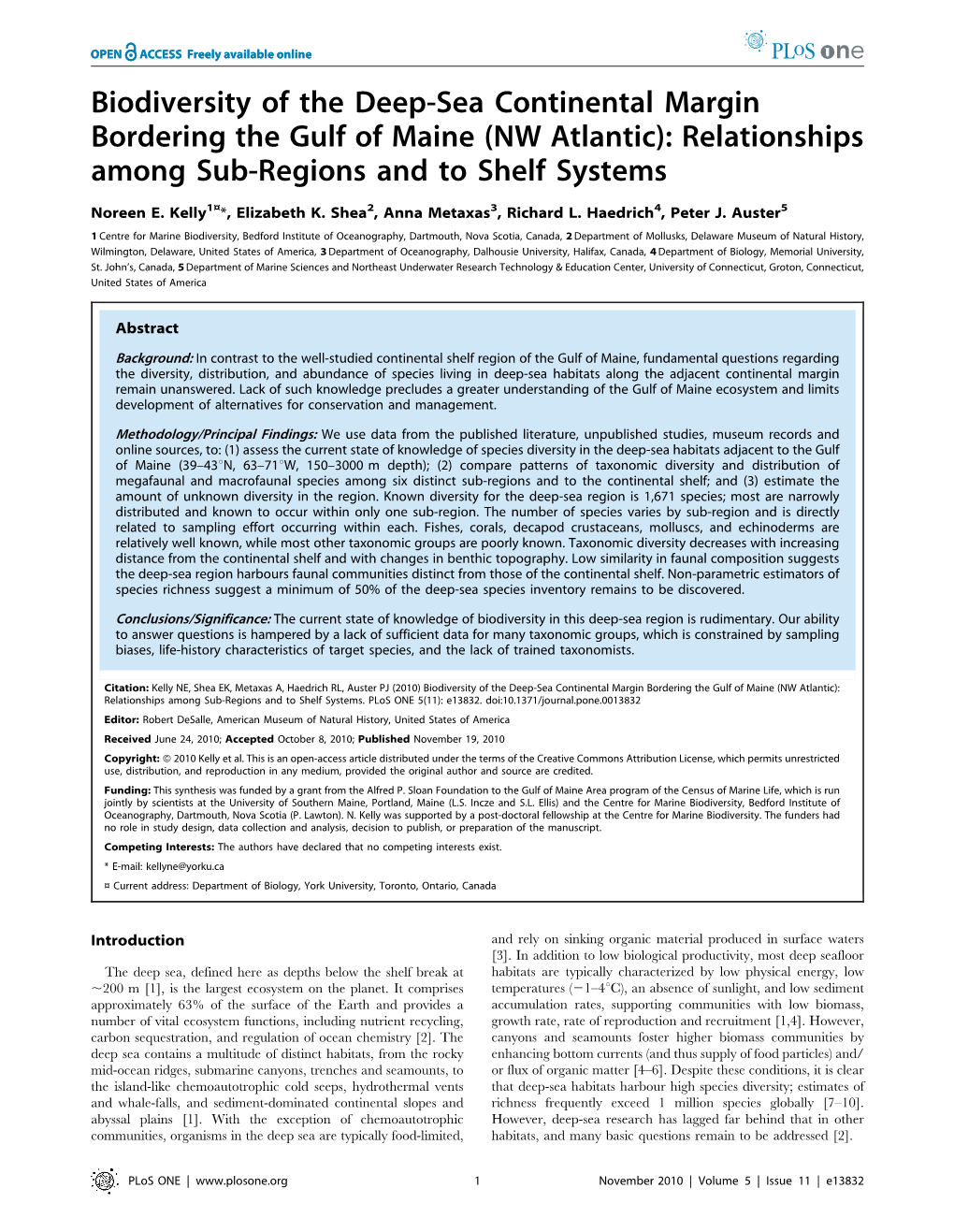 Biodiversity of the Deep-Sea Continental Margin Bordering the Gulf of Maine (NW Atlantic): Relationships Among Sub-Regions and to Shelf Systems