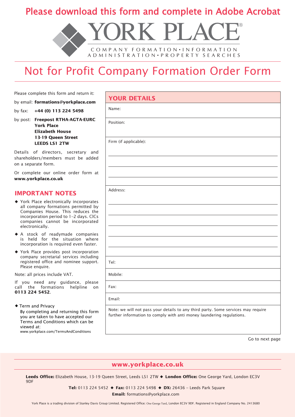 Not for Profit Company Formation Order Form