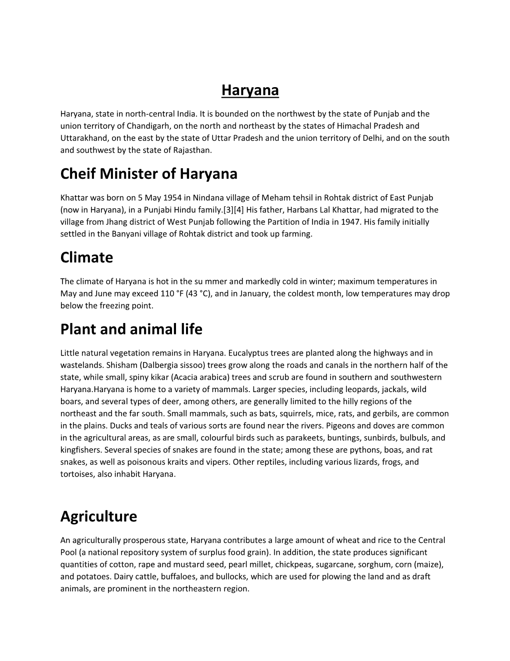 Haryana Cheif Minister of Haryana Climate Plant and Animal Life