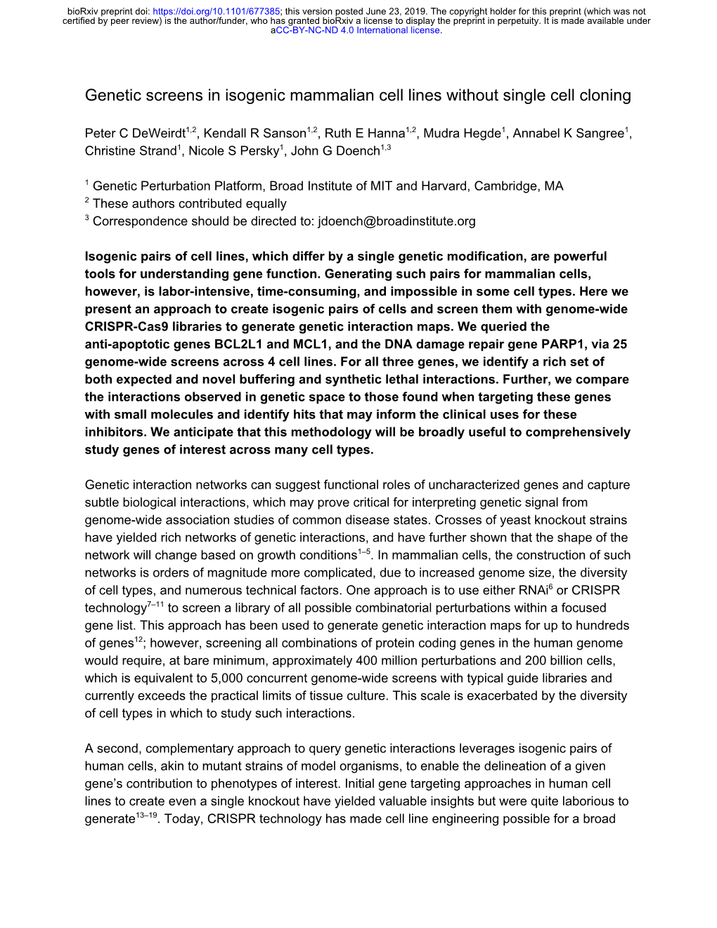 Genetic Screens in Isogenic Mammalian Cell Lines Without Single Cell Cloning