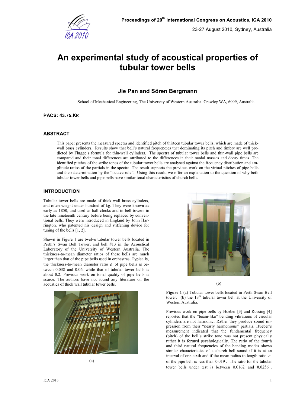 An Experimental Study of Acoustical Properties of Tubular Tower Bells