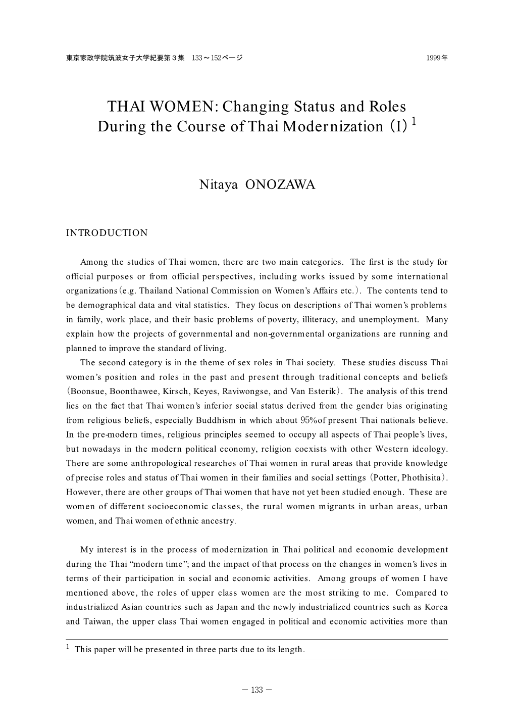 Changing Status and Roles During the Course of Thai Modernization（I）1