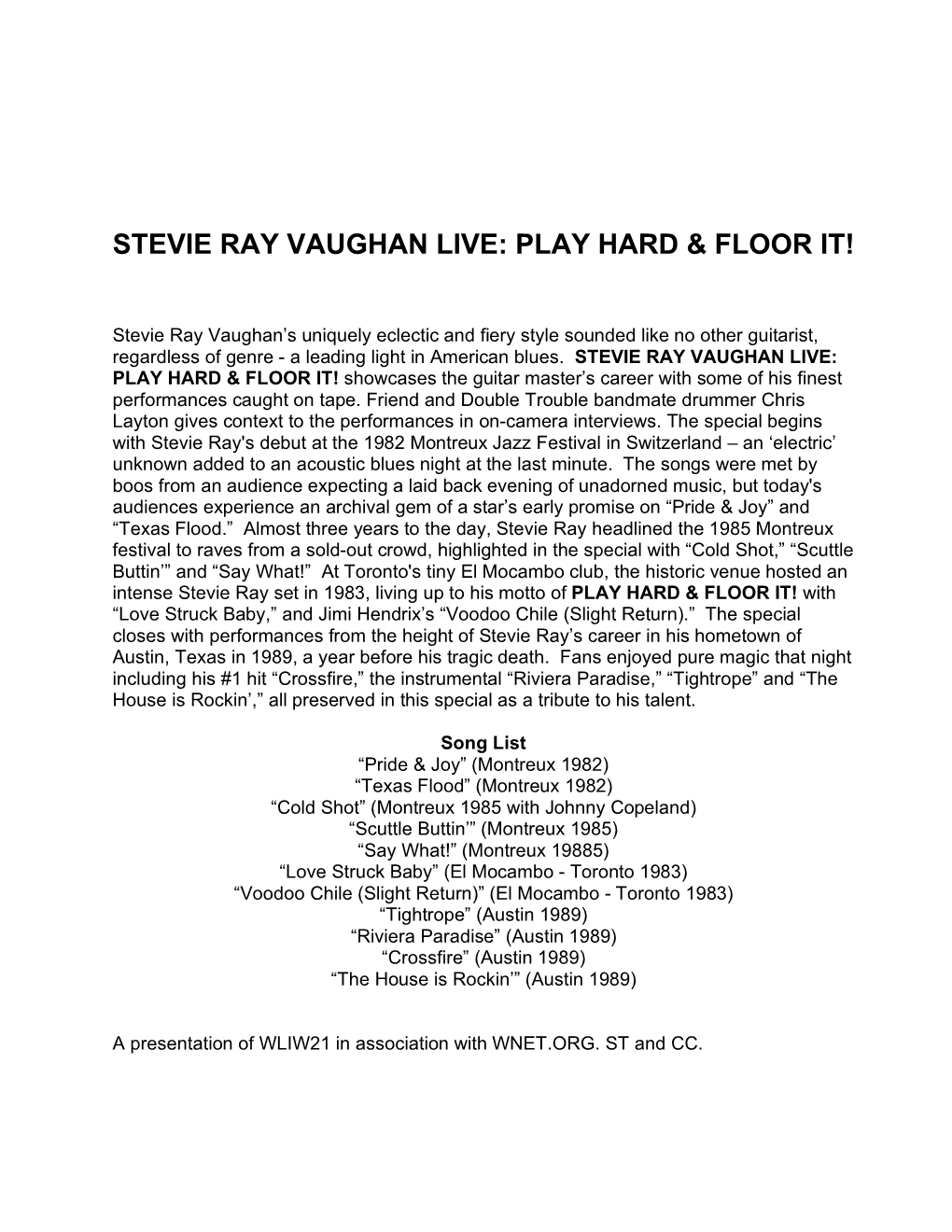 Stevie Ray Vaughan Live: Play Hard & Floor