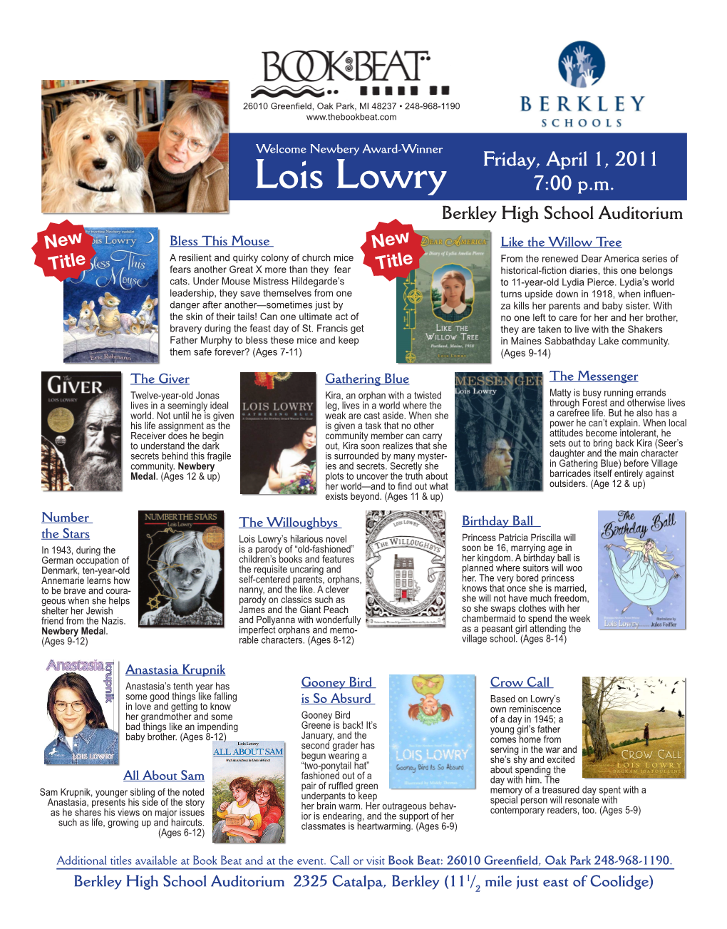 Lois Lowry 7:00 P.M