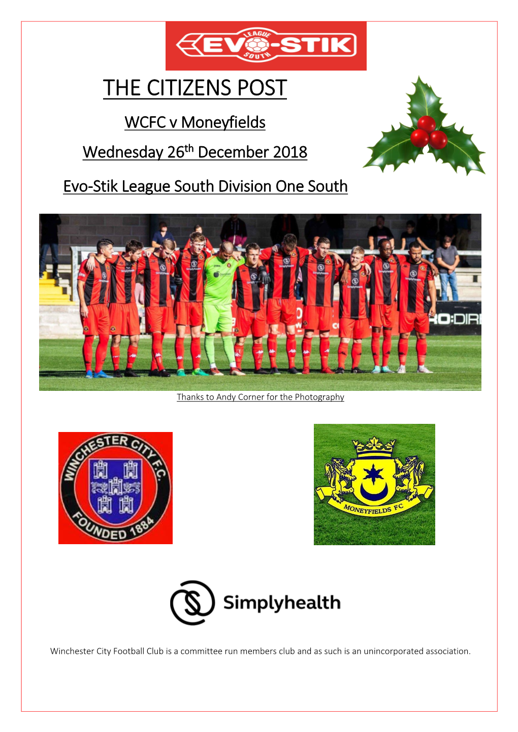 THE CITIZENS POST WCFC V Moneyfields Wednesday 26Th December 2018 Evo-Stik League South Division One South