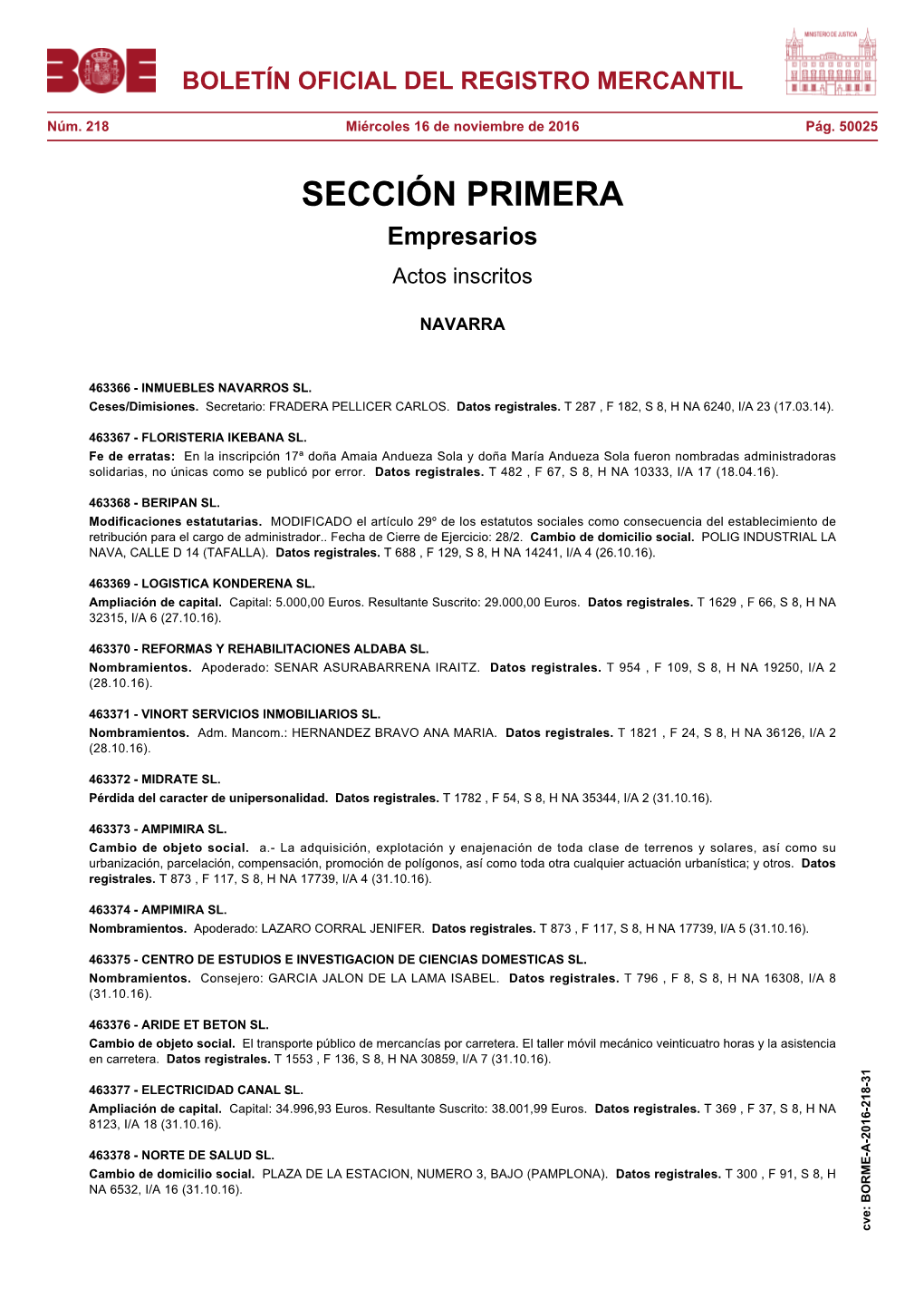 Actos De NAVARRA Del BORME Núm. 218 De 2016