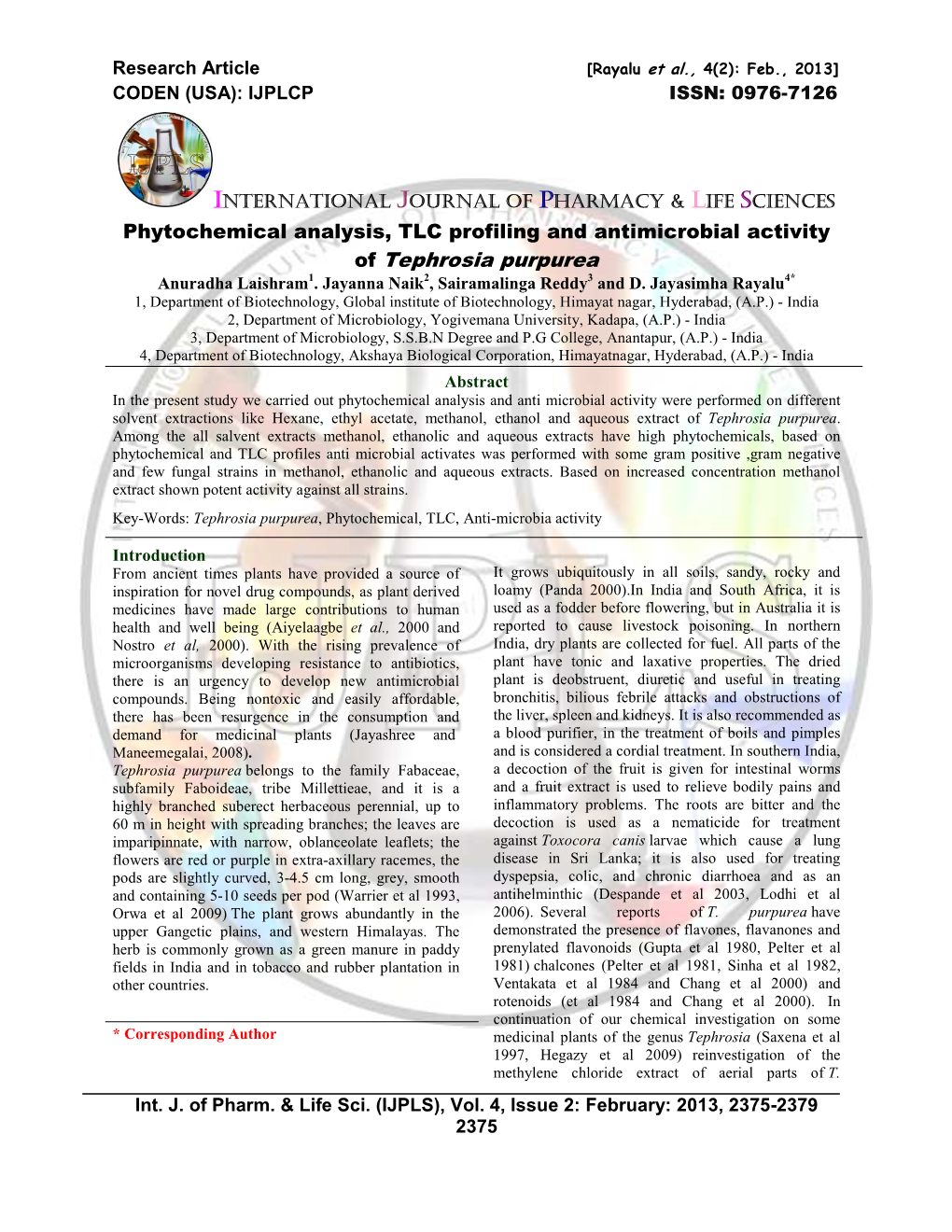 Phytochemical Analysis, TLC Profiling and Antimicrobial Activity of Tephrosia Purpurea Anuradha Laishram 1