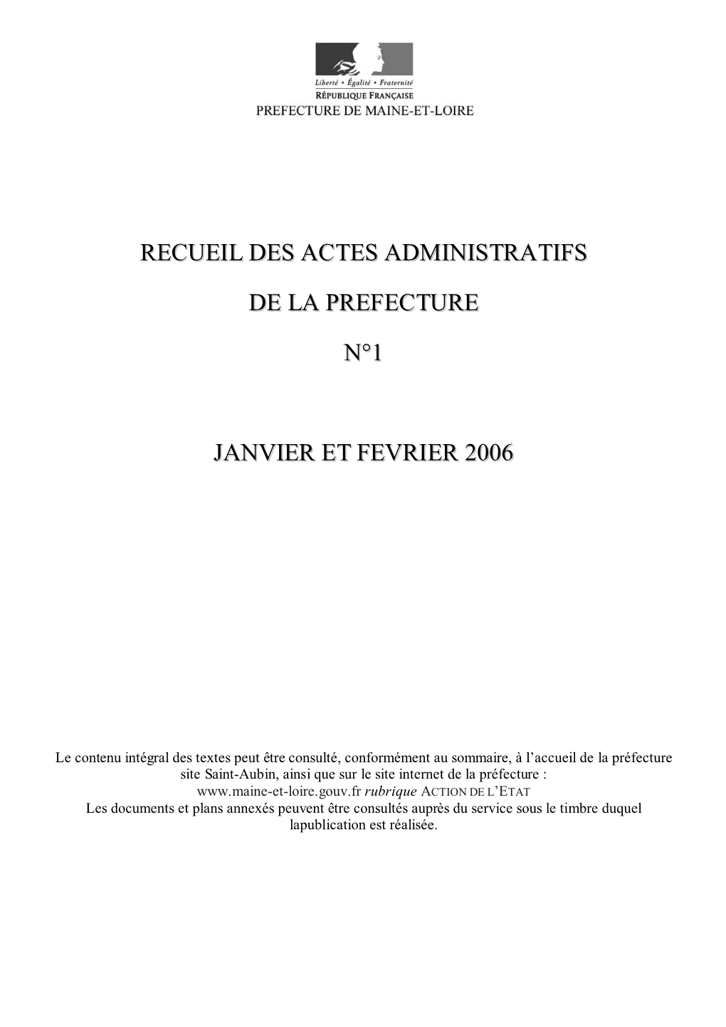 Recueil Des Actes Administratifs De La Prefecture N°1 Janvier Et Fevrier 2006