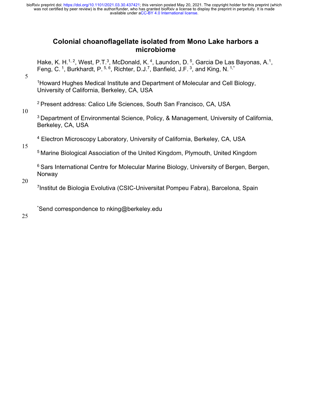 Colonial Choanoflagellate Isolated from Mono Lake Harbors a Microbiome Hake, K