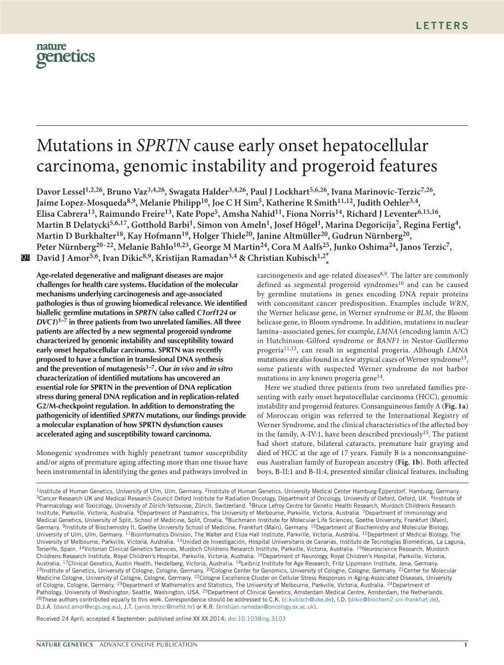 Mutations in SPRTN Cause Early Onset Hepatocellular Carcinoma, Genomic Instability and Progeroid Features