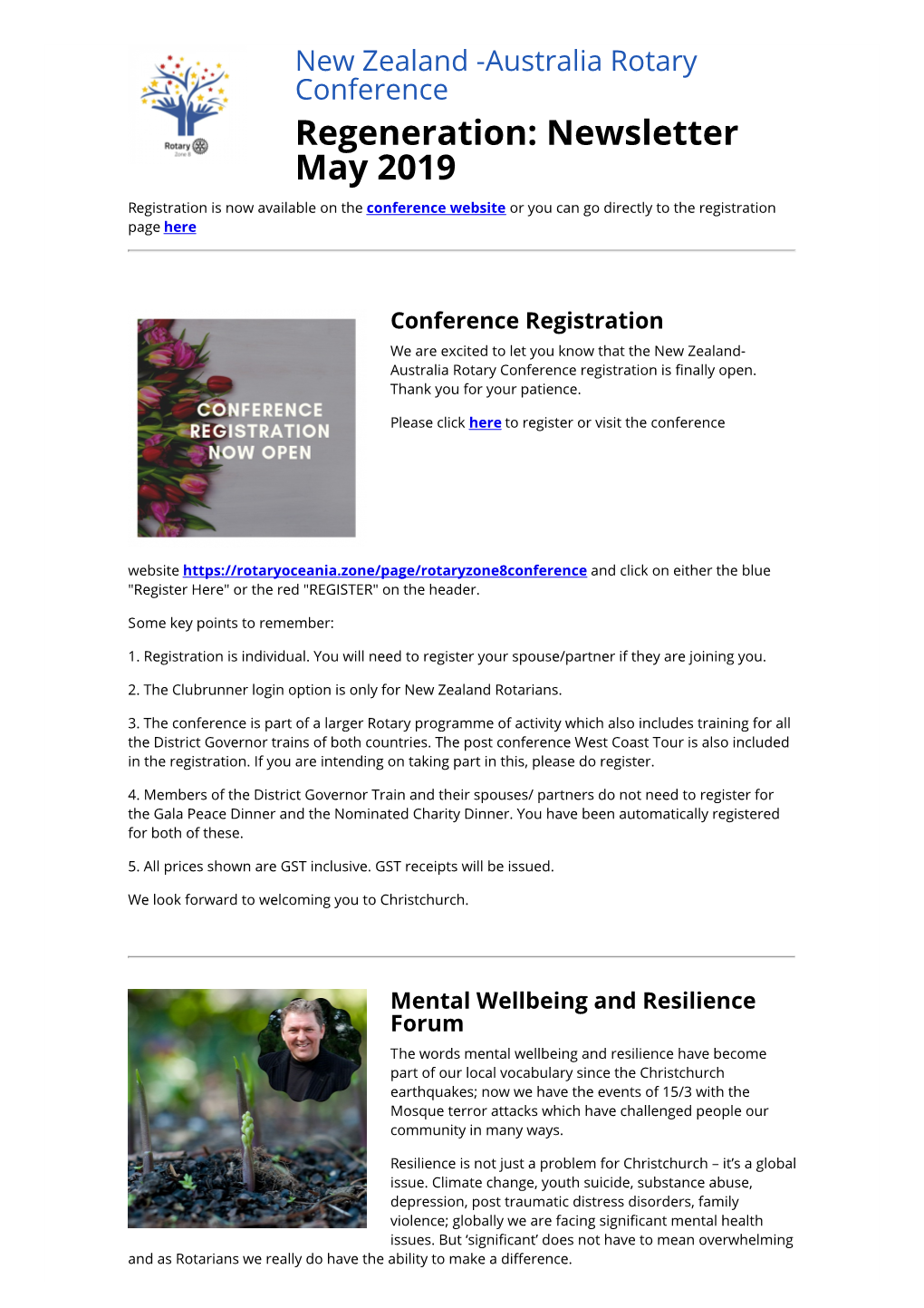 Regeneration: Newsletter May 2019 Registration Is Now Available on the Conference Website Or You Can Go Directly to the Registration Page Here
