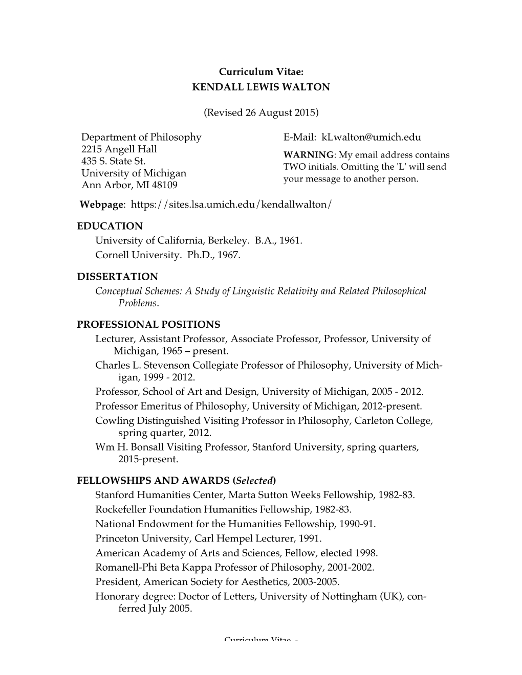 Curriculum Vitae: KENDALL LEWIS WALTON