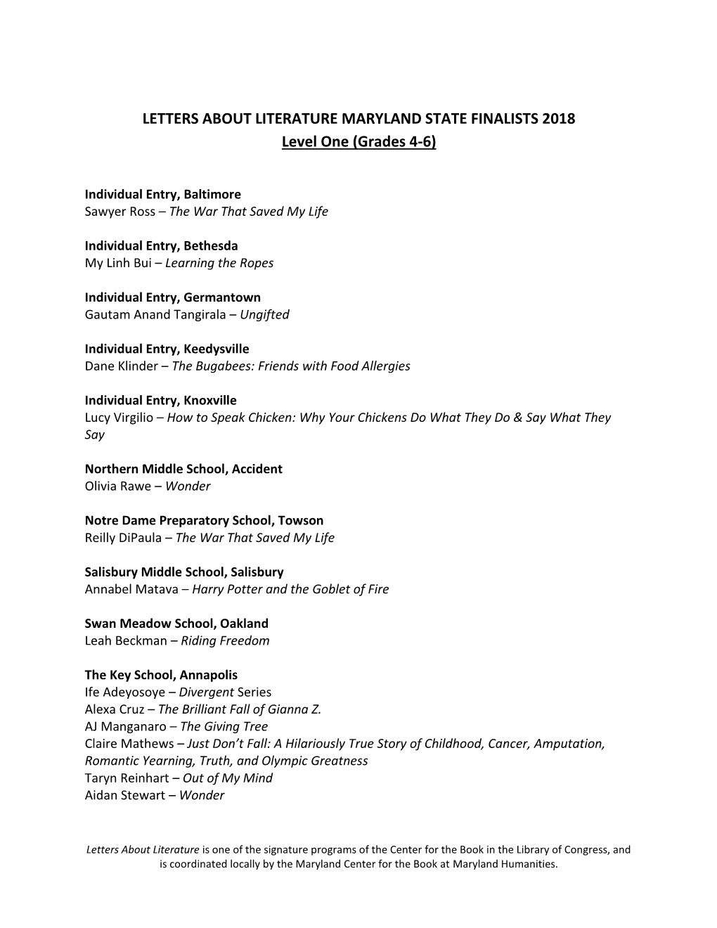 LETTERS ABOUT LITERATURE MARYLAND STATE FINALISTS 2018 Level One (Grades 4-6)