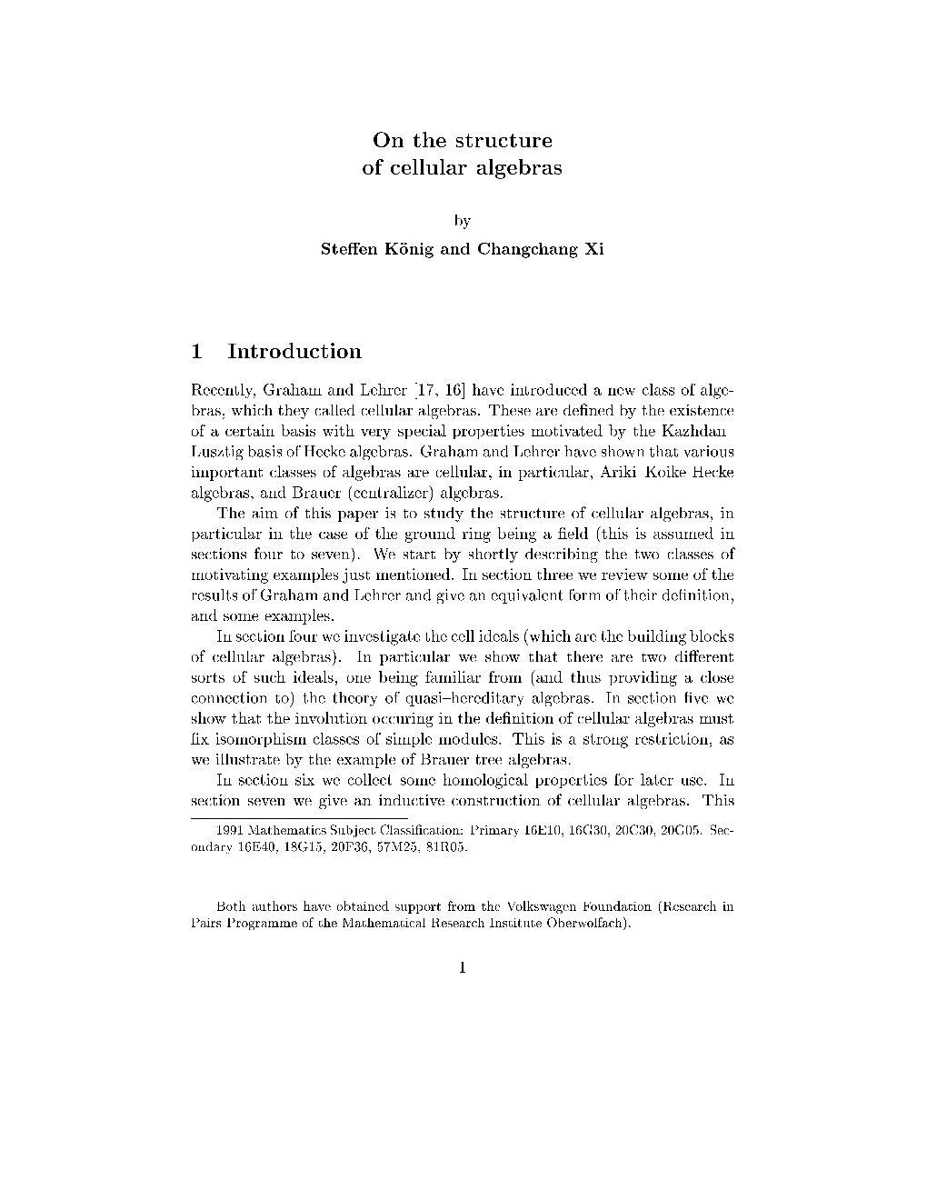 On the Structure of Cellular Algebras 1 Introduction