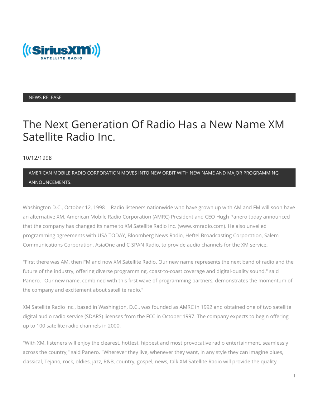 The Next Generation of Radio Has a New Name XM Satellite Radio Inc