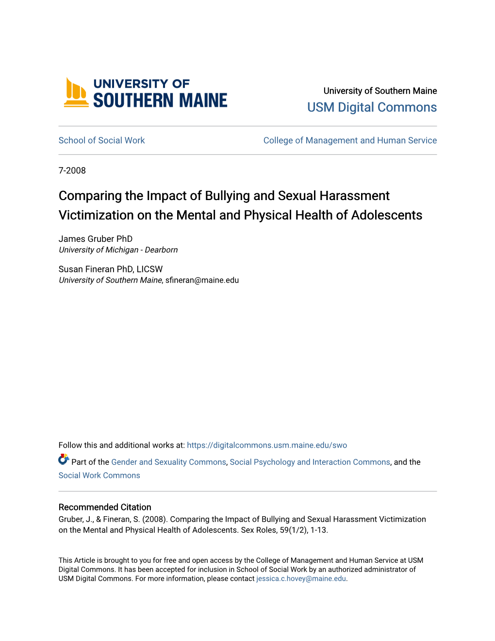 Comparing the Impact of Bullying and Sexual Harassment Victimization on the Mental and Physical Health of Adolescents