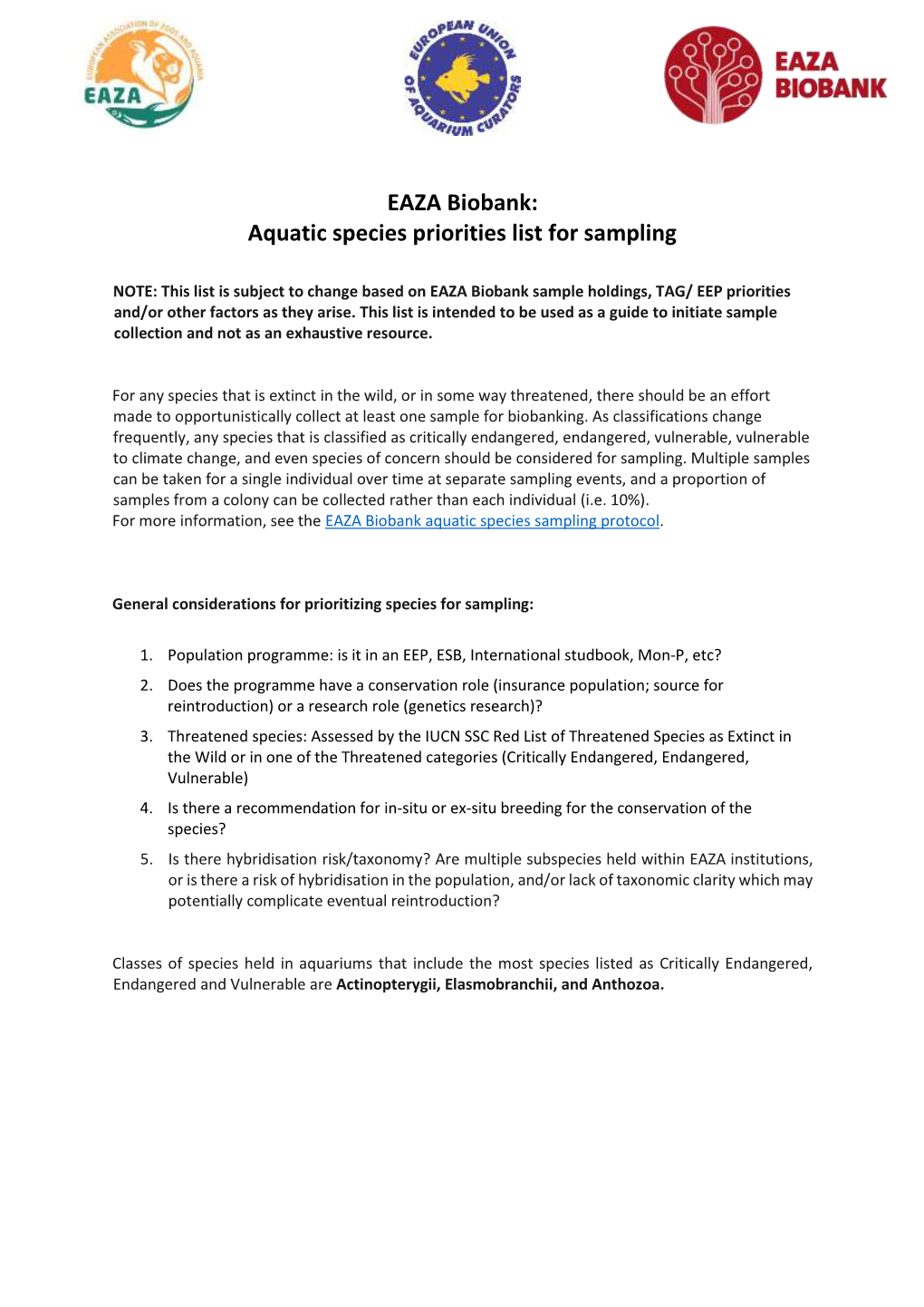 EAZA Biobank: Aquatic Species Priorities List for Sampling