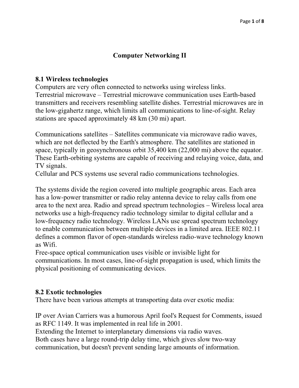 Computer Networking II 8.1 Wireless Technologies